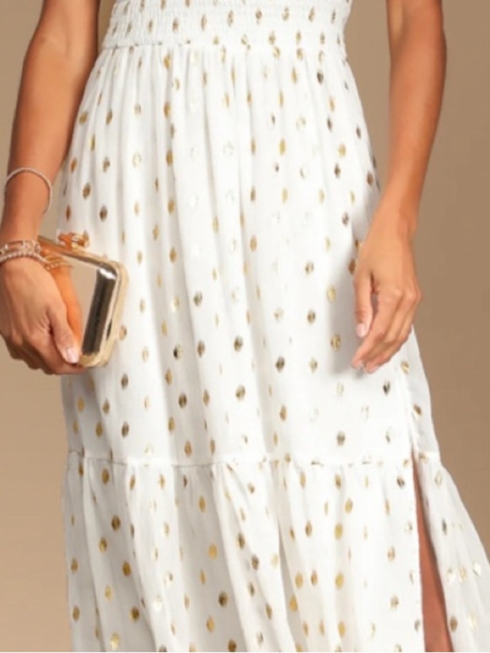 Lulus White Gold Polka Dot Midi Dress Ruffle Sleeve Tie Back Spring Summer M - Picture 3 of 11